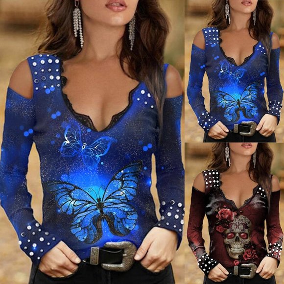 Skull & Butterfly Women Sexy V Neck Cold Shoulder Tops. (Winter Clearance) - Picture 1 of 3
